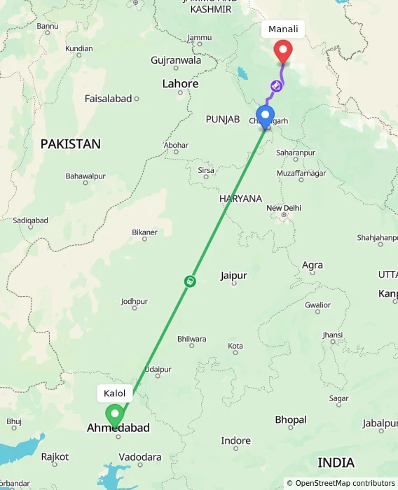 Route map showing distance and travel time from Kalol, India to Manali, India
