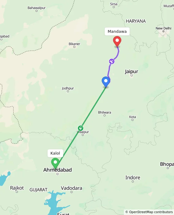 Route map showing distance and travel time from Kalol, India to Mandawa, India