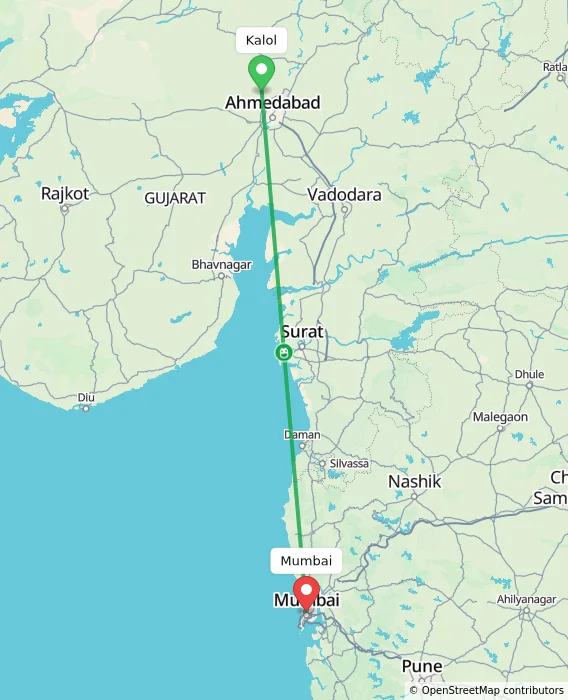 Route map showing distance and travel time from Kalol, India to Mumbai, India