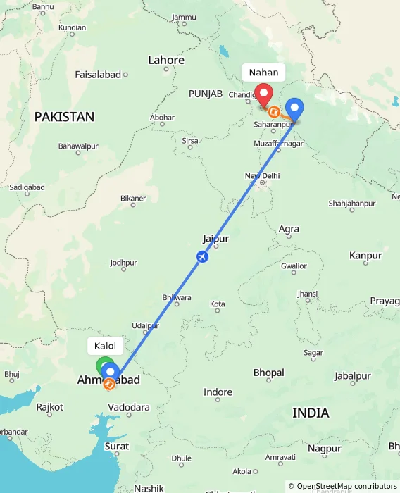 Route map showing distance and travel time from Kalol, India to Nahan, India