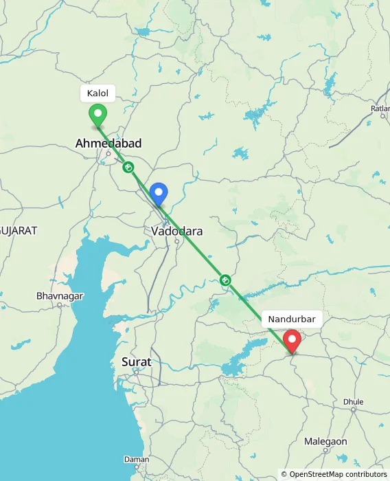 Route map showing distance and travel time from Kalol, India to Nandurbar, India