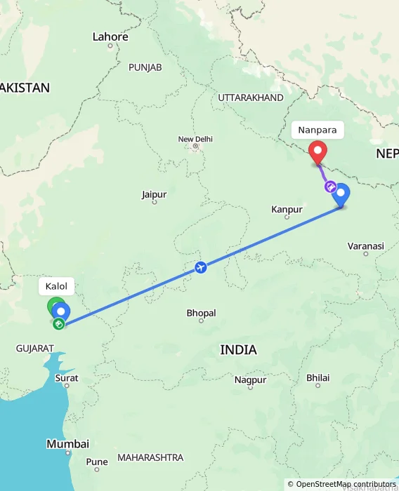 Route map showing distance and travel time from Kalol, India to Nanpara, India