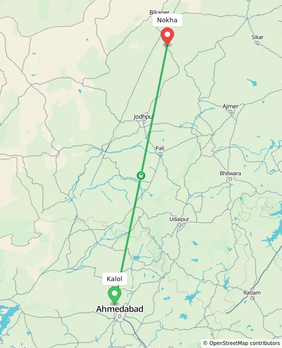 Route map showing distance and travel time from Kalol, India to Nokha, India