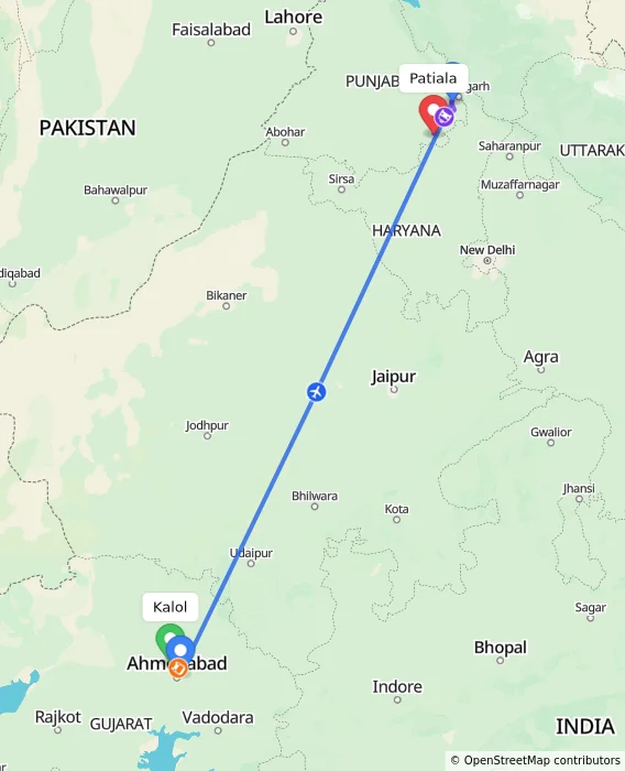 Route map showing distance and travel time from Kalol, India to Patiala, India