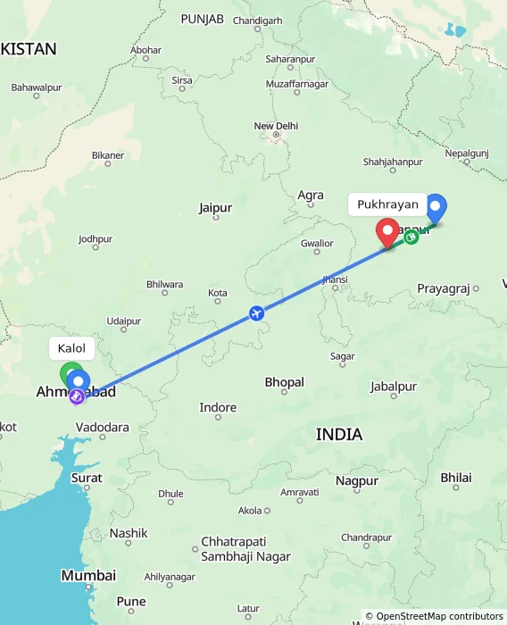 Route map showing distance and travel time from Kalol, India to Pukhrayan, India