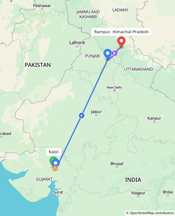 Route map showing distance and travel time from Kalol, India to Rampur, Himachal Pradesh, India