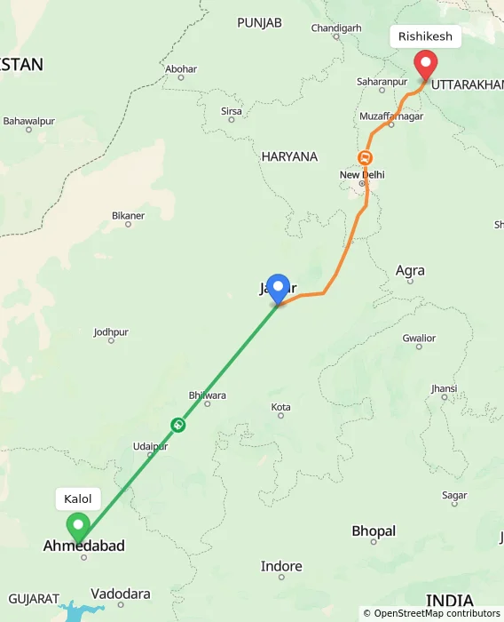 Route map showing distance and travel time from Kalol, India to Rishikesh, India