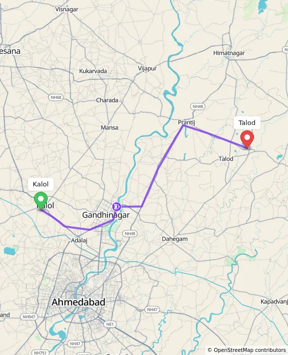 Route map showing distance and travel time from Kalol, India to Talod, India