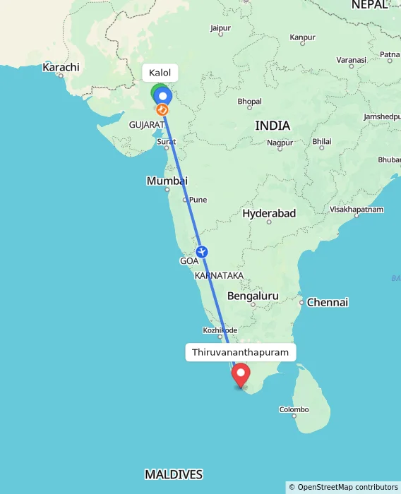 Route map showing distance and travel time from Kalol, India to Thiruvananthapuram, India