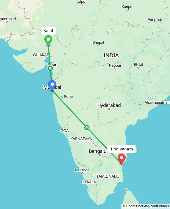 Route map showing distance and travel time from Kalol, India to Tindivanam, India