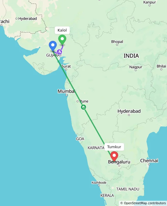 Route map showing distance and travel time from Kalol, India to Tumkur, India