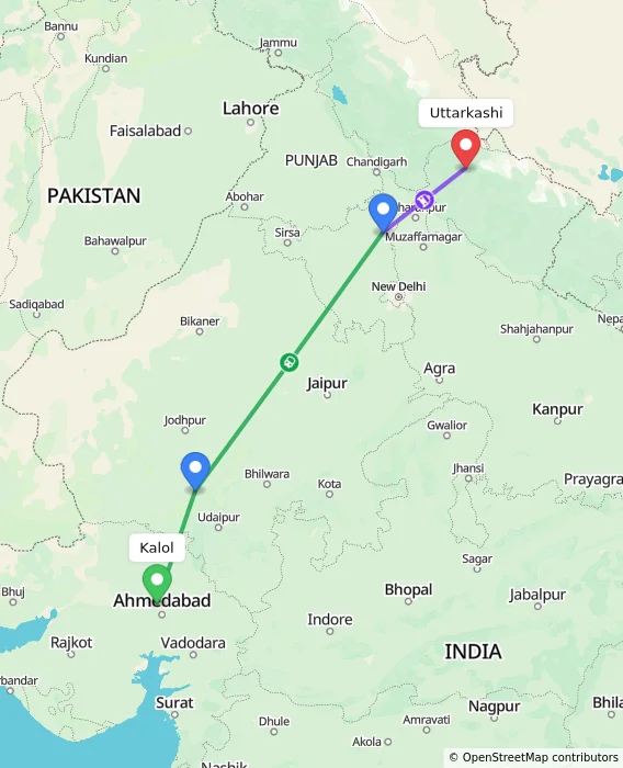 Route map showing distance and travel time from Kalol, India to Uttarkashi, India