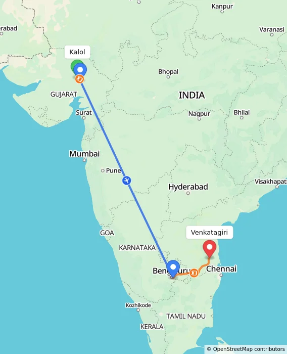 Route map showing distance and travel time from Kalol, India to Venkatagiri, India