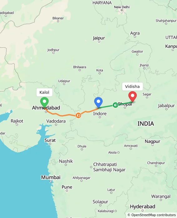 Route map showing distance and travel time from Kalol, India to Vidisha, India