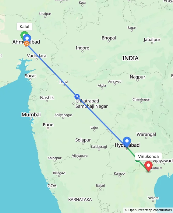 Route map showing distance and travel time from Kalol, India to Vinukonda, India