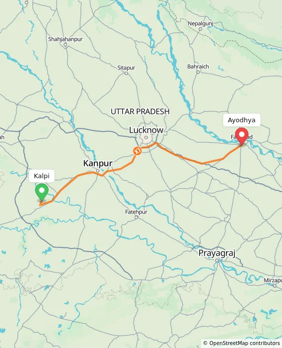 Route map showing distance and travel time from Kalpi, India to Ayodhya, India