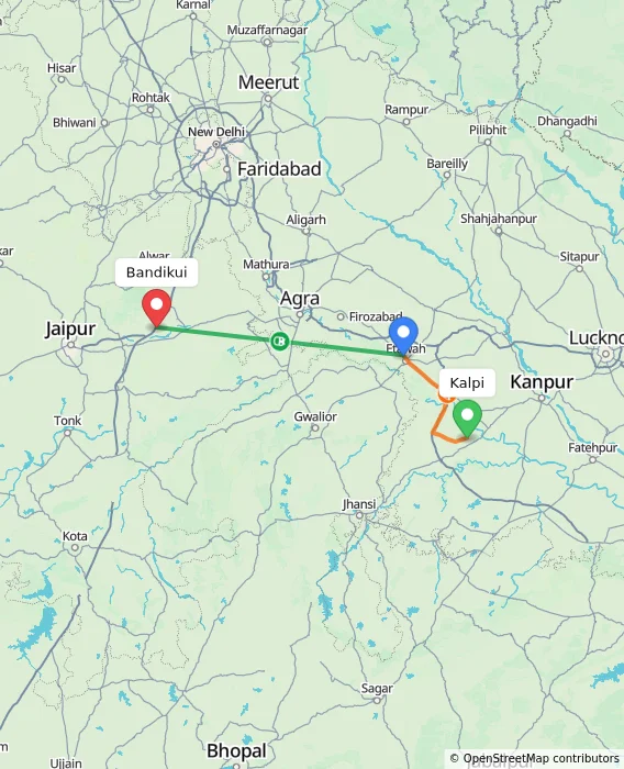Route map showing distance and travel time from Kalpi, India to Bandikui, India