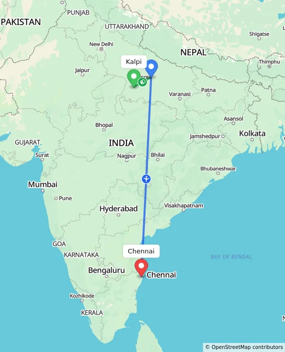Route map showing distance and travel time from Kalpi, India to Chennai, India