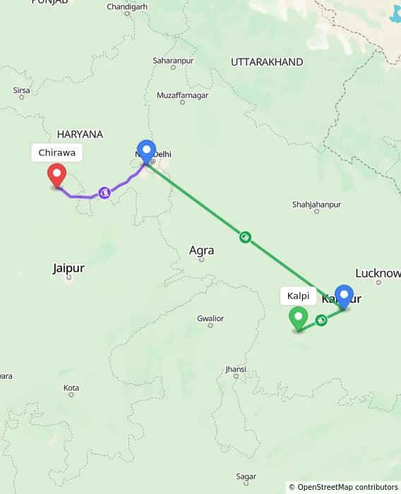 Route map showing distance and travel time from Kalpi, India to Chirawa, India