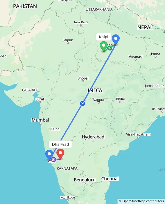 Route map showing distance and travel time from Kalpi, India to Dharwad, India