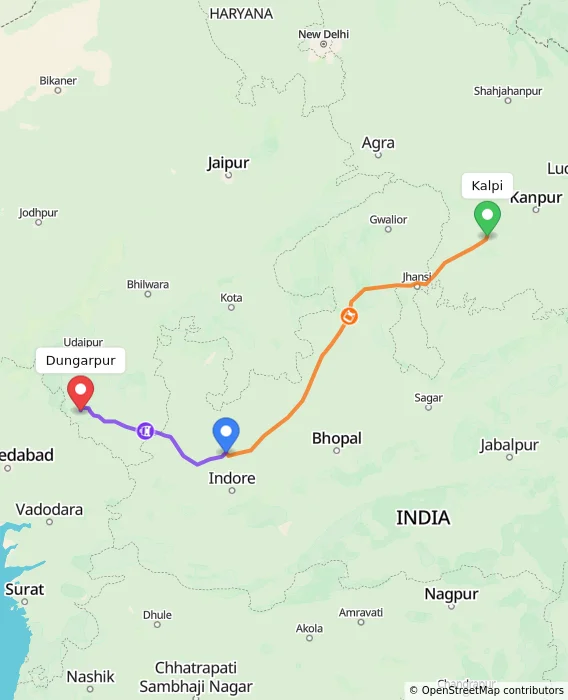 Route map showing distance and travel time from Kalpi, India to Dungarpur, India