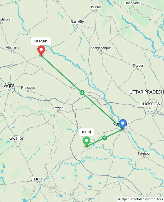 Route map showing distance and travel time from Kalpi, India to Kasganj, India