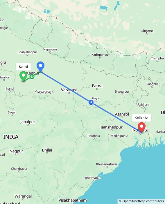 Route map showing distance and travel time from Kalpi, India to Kolkata, India