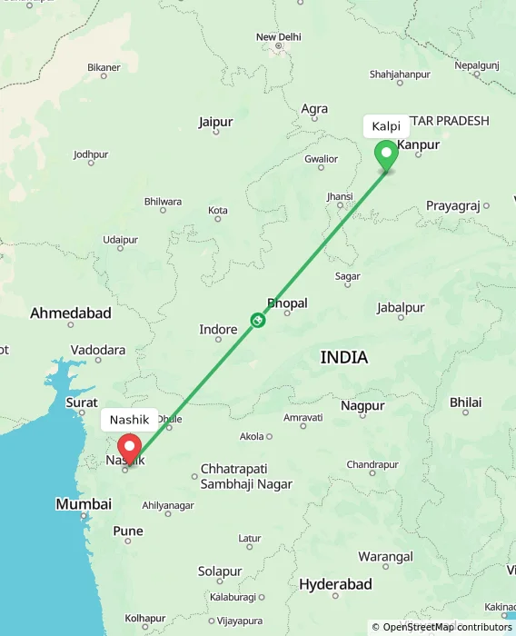 Route map showing distance and travel time from Kalpi, India to Nashik, India