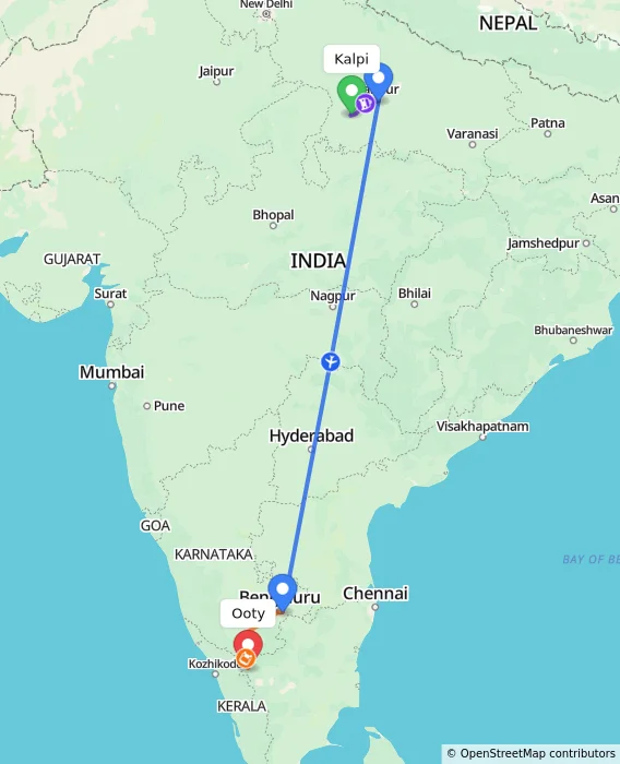 Route map showing distance and travel time from Kalpi, India to Ooty, India