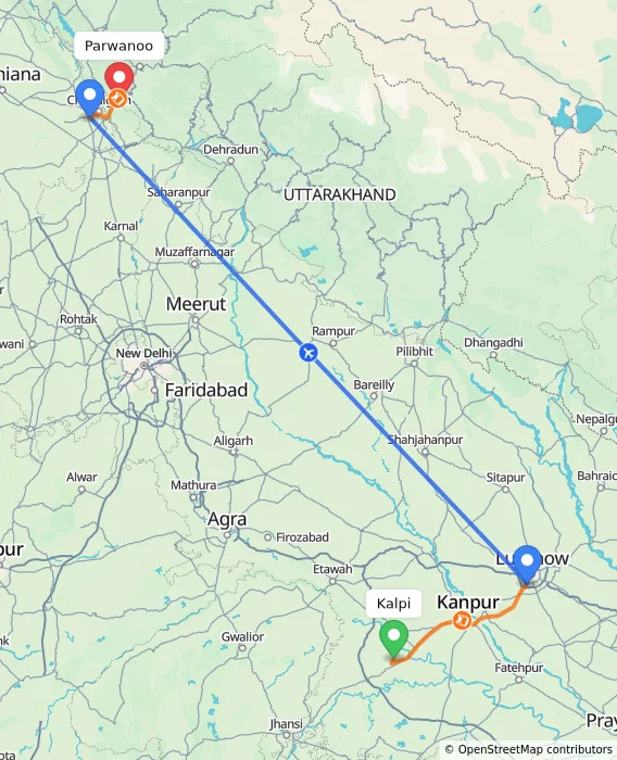 Route map showing distance and travel time from Kalpi, India to Parwanoo, India