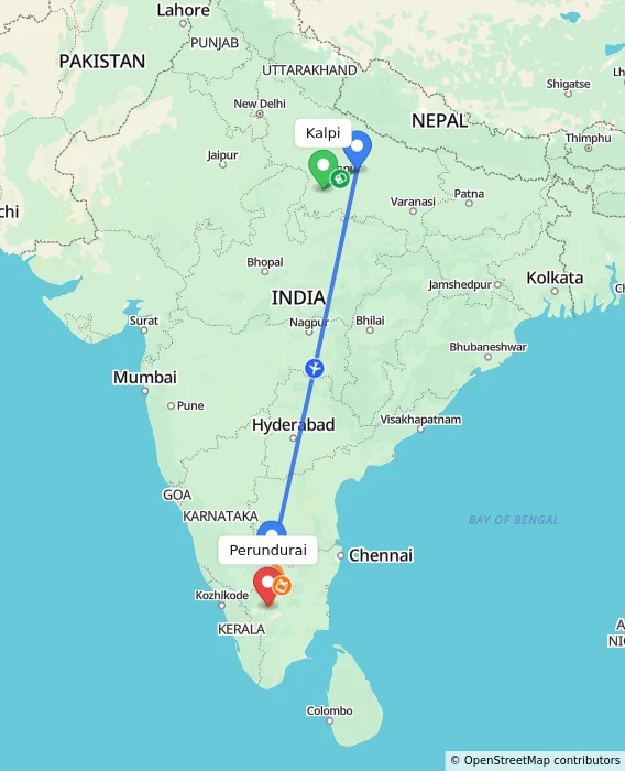 Route map showing distance and travel time from Kalpi, India to Perundurai, India