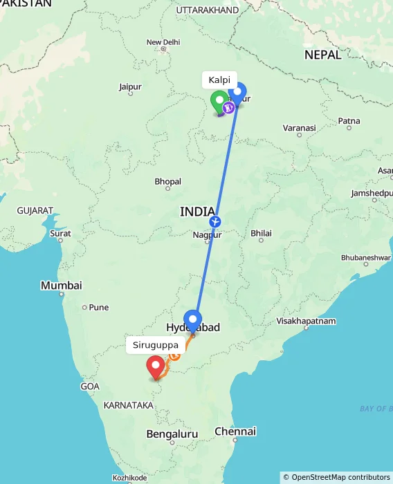 Route map showing distance and travel time from Kalpi, India to Siruguppa, India