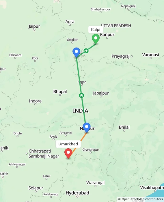 Route map showing distance and travel time from Kalpi, India to Umarkhed, India