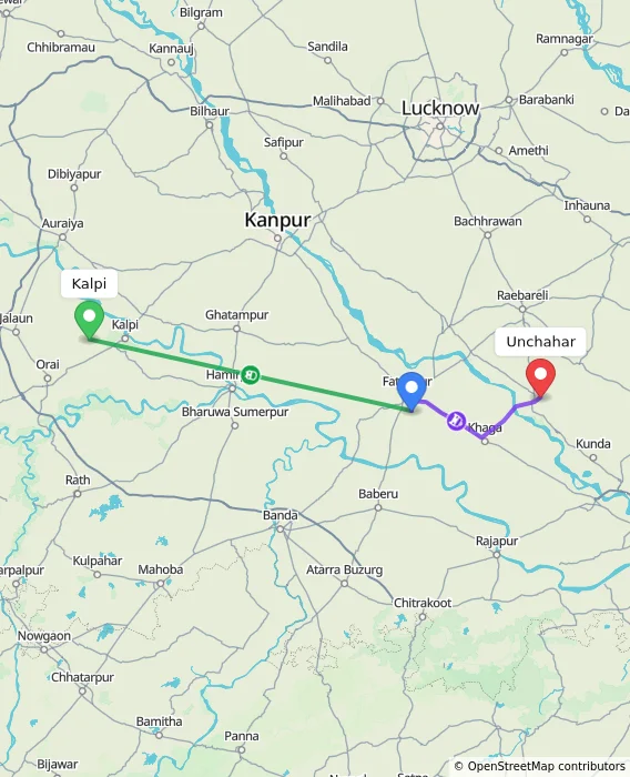 Route map showing distance and travel time from Kalpi, India to Unchahar, India