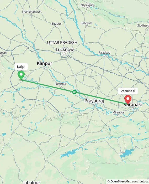 Route map showing distance and travel time from Kalpi, India to Varanasi, India