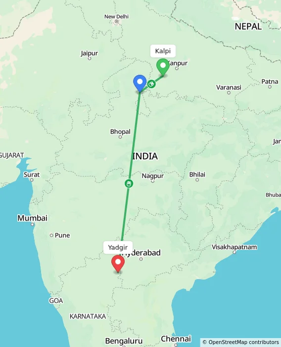 Route map showing distance and travel time from Kalpi, India to Yadgir, India