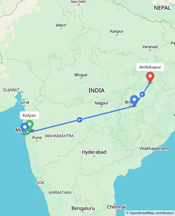 Route map showing distance and travel time from Kalyan, India to Ambikapur, India