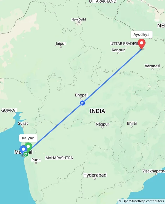 Route map showing distance and travel time from Kalyan, India to Ayodhya, India