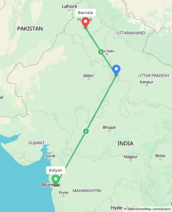 Route map showing distance and travel time from Kalyan, India to Barnala, India
