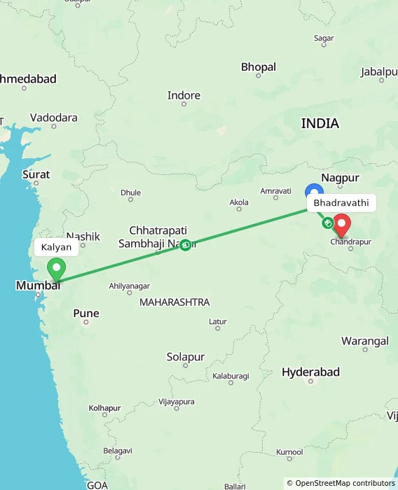 Route map showing distance and travel time from Kalyan, India to Bhadravathi, India