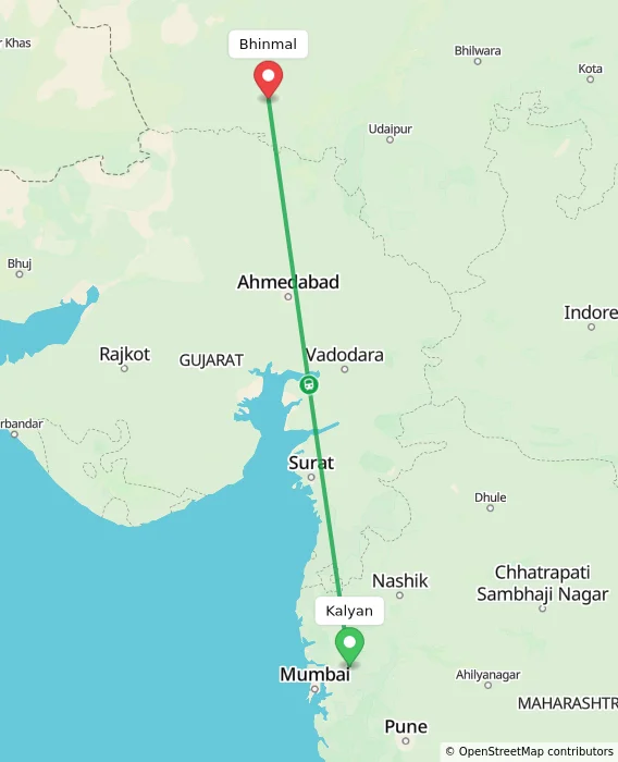 Route map showing distance and travel time from Kalyan, India to Bhinmal, India