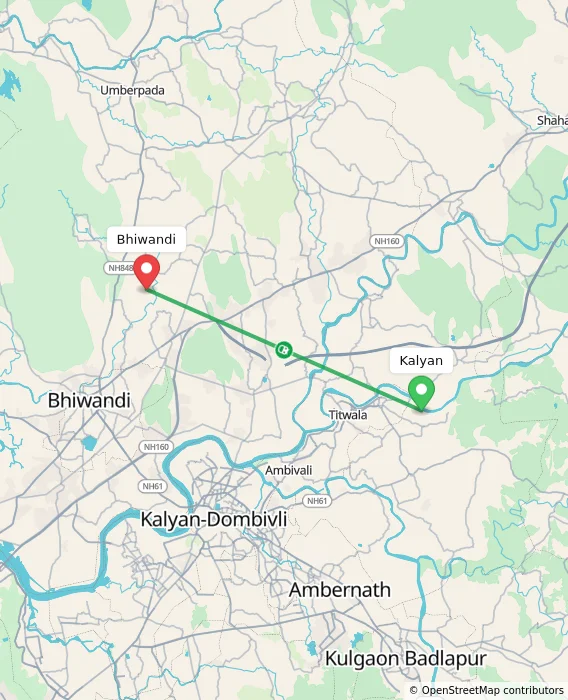 Route map showing distance and travel time from Kalyan, India to Bhiwandi, India