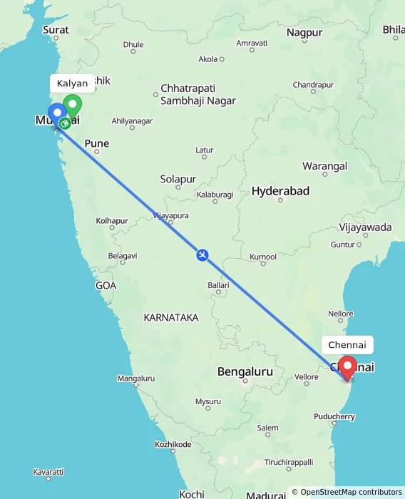 Route map showing distance and travel time from Kalyan, India to Chennai, India
