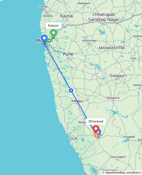 Route map showing distance and travel time from Kalyan, India to Dharwad, India