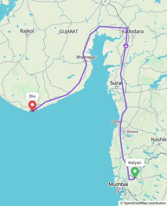 Route map showing distance and travel time from Kalyan, India to Diu, India