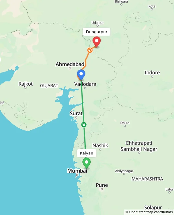 Route map showing distance and travel time from Kalyan, India to Dungarpur, India