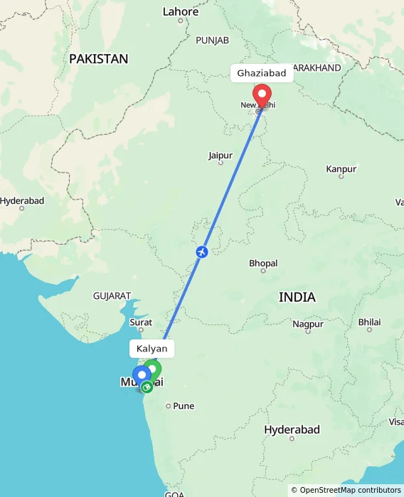 Route map showing distance and travel time from Kalyan, India to Ghaziabad, India