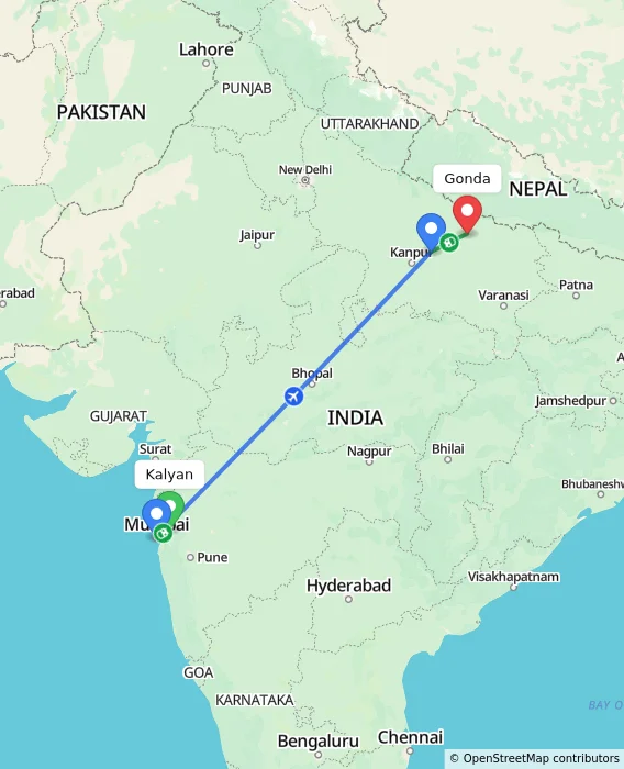 Route map showing distance and travel time from Kalyan, India to Gonda, India