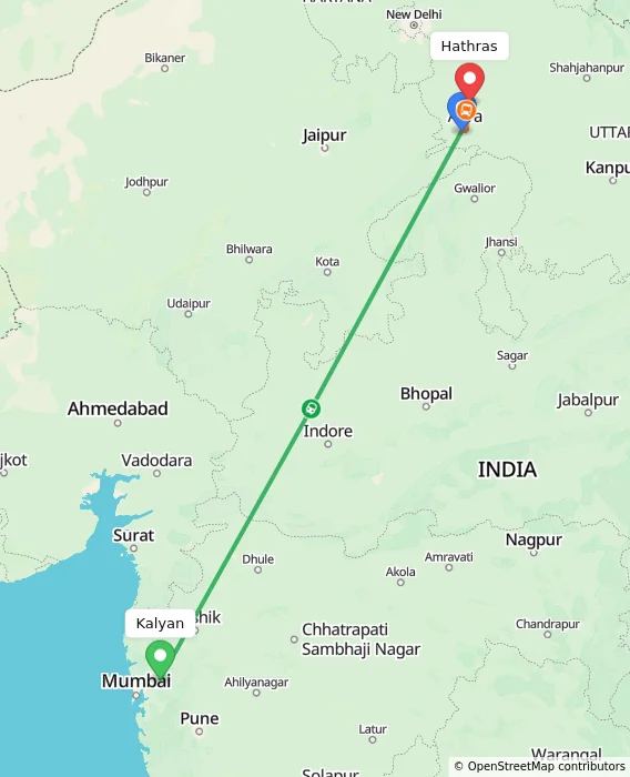 Route map showing distance and travel time from Kalyan, India to Hathras, India