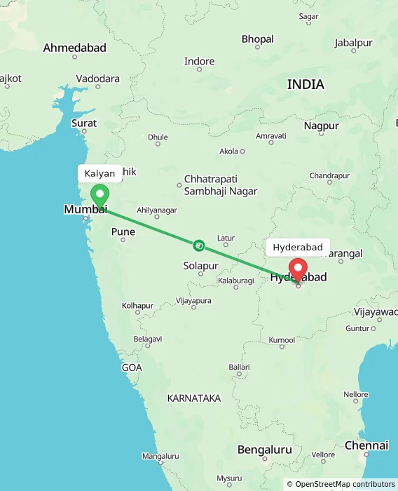 Route map showing distance and travel time from Kalyan, India to Hyderabad, India